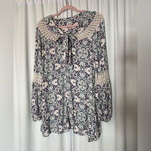 Free People Cream and Blue Patterned Blouse